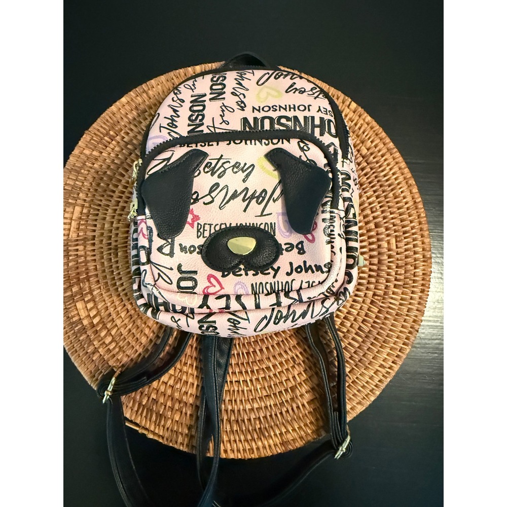 Betsey Johnson Pink Script Logo Mini Backpack Dog Face Heart Faux Leather Bag